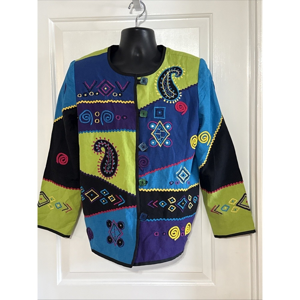 Women's Indigo Moon Blue W/Design Button Jacket Lined Size M Very Good Condition